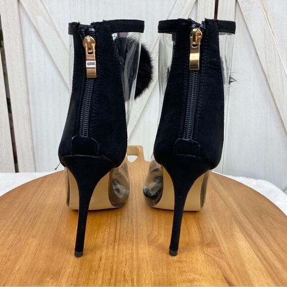 Bai Beiai Clear Peep Toe Heeled Ankle Boots PomPom Zipper Front Black 6 - Picture 8 of 12